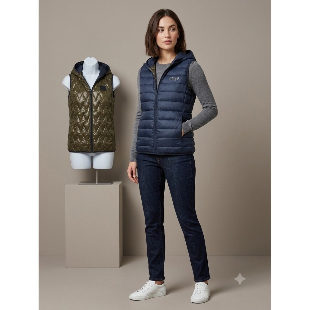 Hugo‎ Boss Womens Reversible Hooded Puffer Vest Navy Blue Olive Green Small